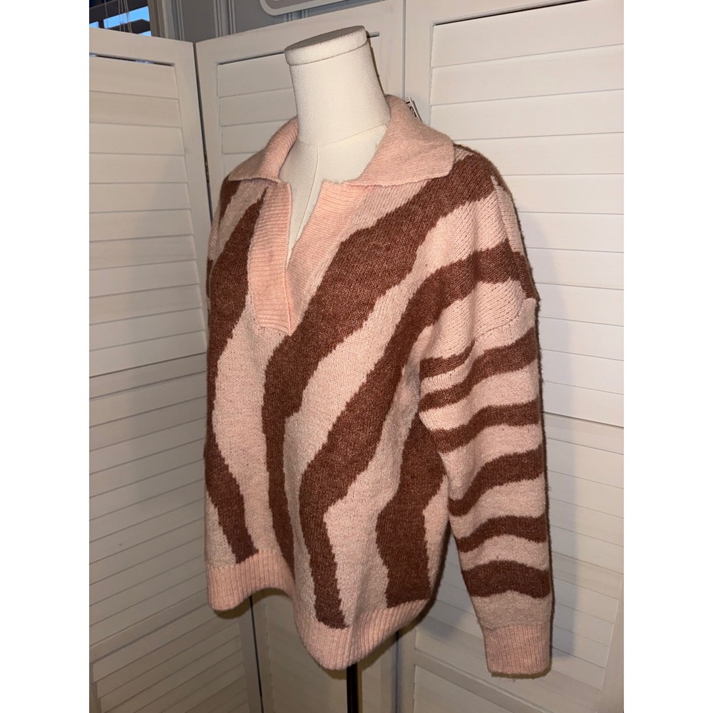 Nine West Womens Striped Collared V Neck Pullover Sweater Pink Brown Size L - Picture 4 of 7